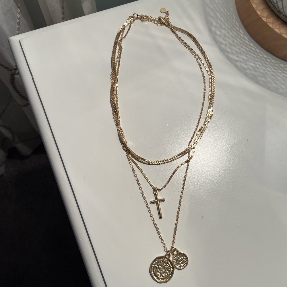 Layered Necklace with Cross and Coin Pendants